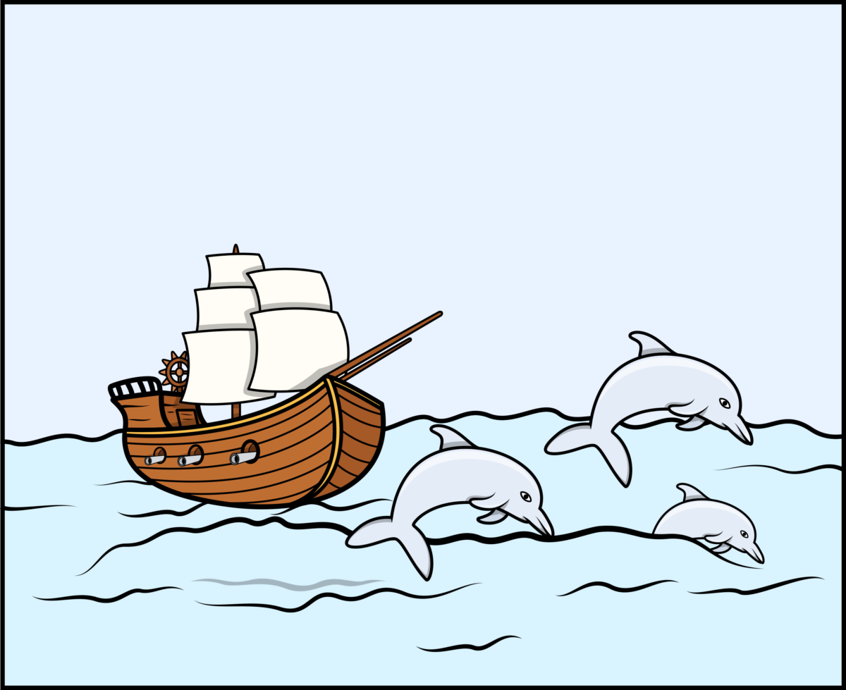 Рисунок море корабль дельфин